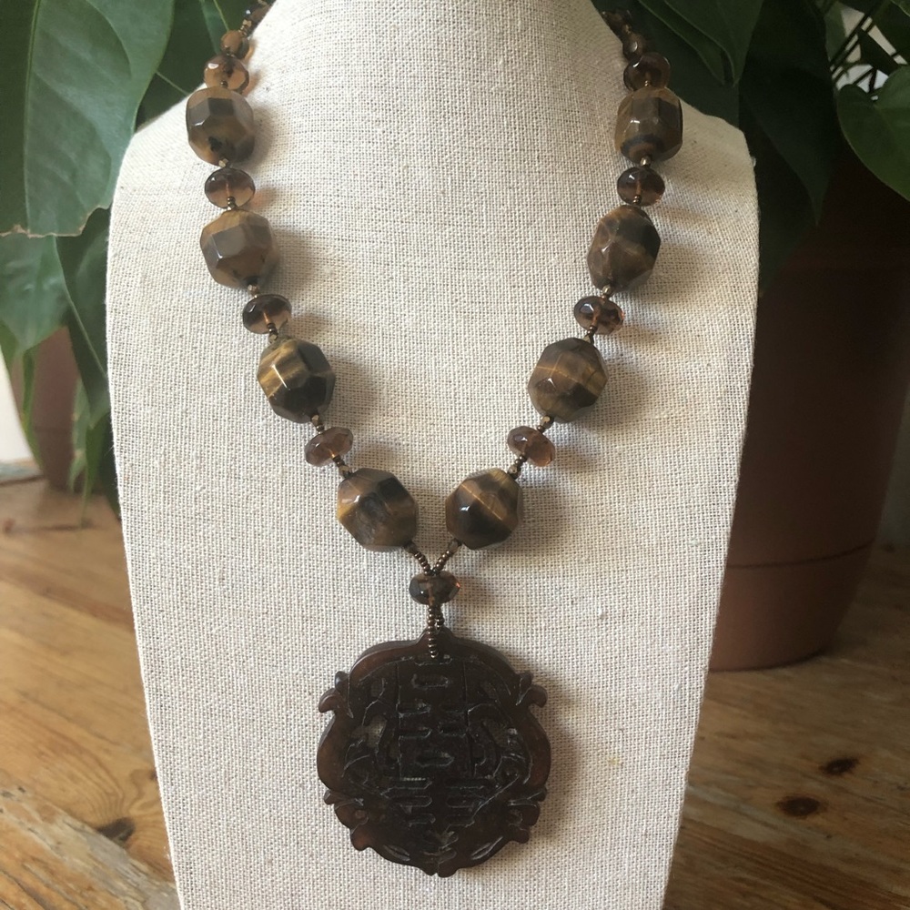 OOAK Handcrafted Artisan Tribal Ethnic Tigers Eye Statement Necklace Set NWOT